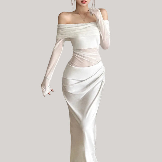 Off-Shoulder Mesh Maxi Dress
