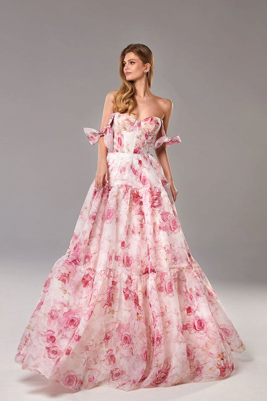 Bodice Pastel Floral Print Cute Prom Dress