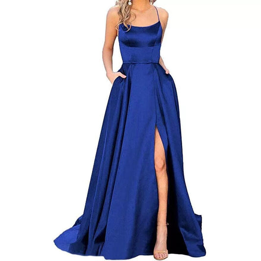 Elegant Spaghetti Strap Satin Evening Dress with High Slit